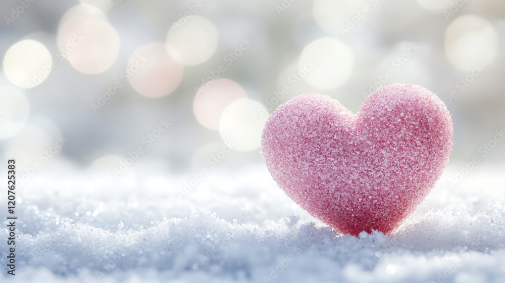 Obraz premium Pink Heart in Snowy Scene: Winter Romance, Love Symbol, Sparkling Background