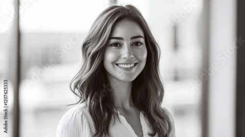 Free Download Smiling young woman portrait, black and white photography - GFXLoad