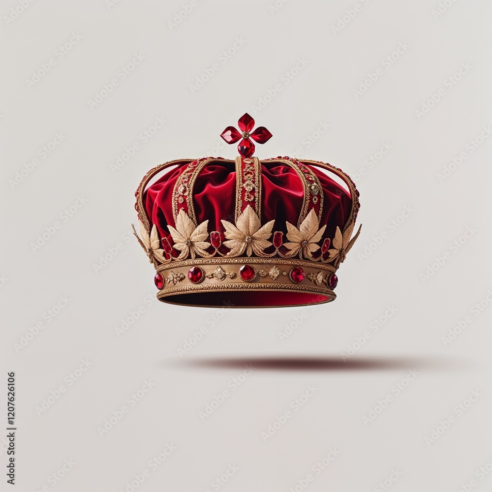 Ruby red velvet crown with embroidery on a plain white background Ruby red velvet crown with embroidery on a plain white background
