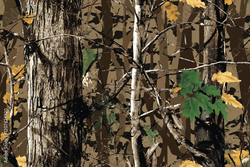 Realistic forest camouflage. pattern. Tree, branches, green and brown oak leaves. Useable for hunting and military purposes.