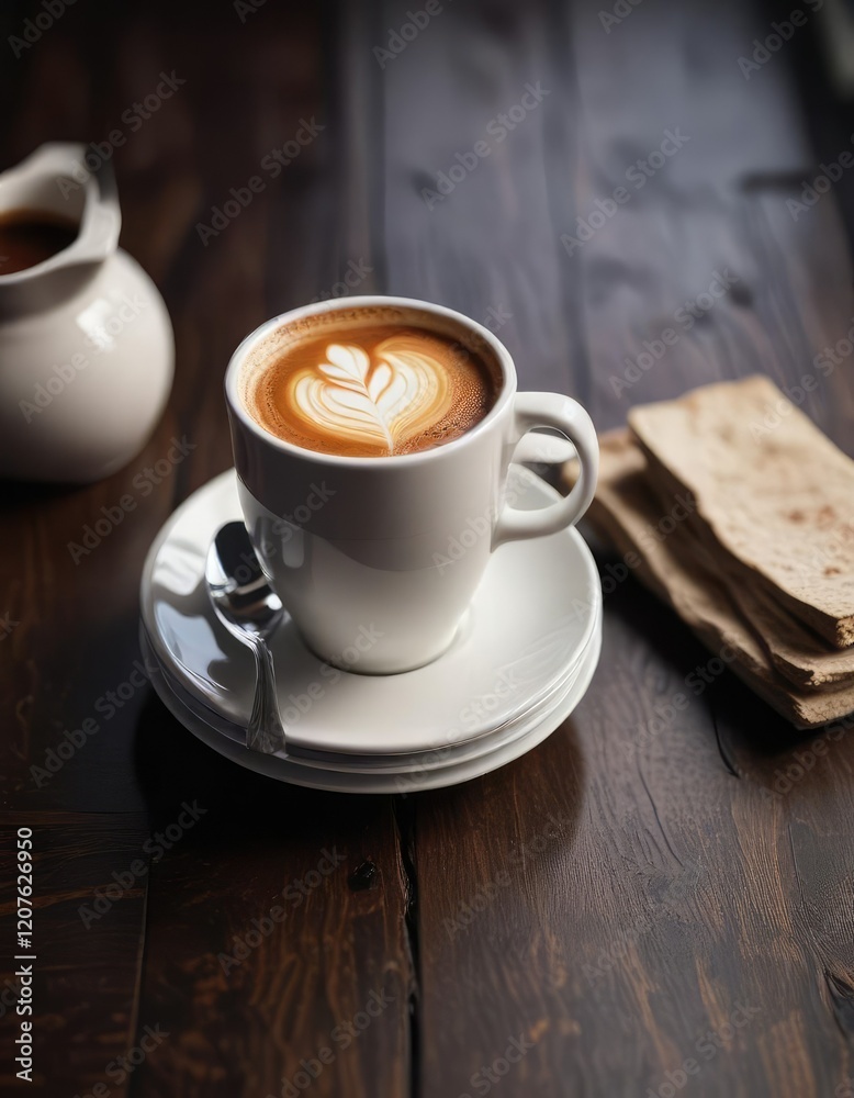 Cappuccino in a white ceramic cup with saucer on a dark wooden table, white, ceramic Cappuccino in a white ceramic cup with saucer on a dark wooden table, white, ceramic