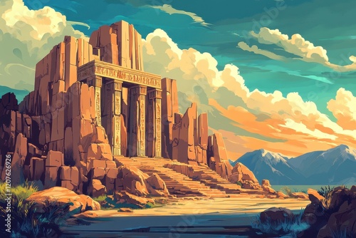 Ancient Stone Temple with Pillars and Hieroglyphics in a Desolate Landscape