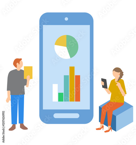 スマホを見ながらグラフの分析をする男女のイラスト