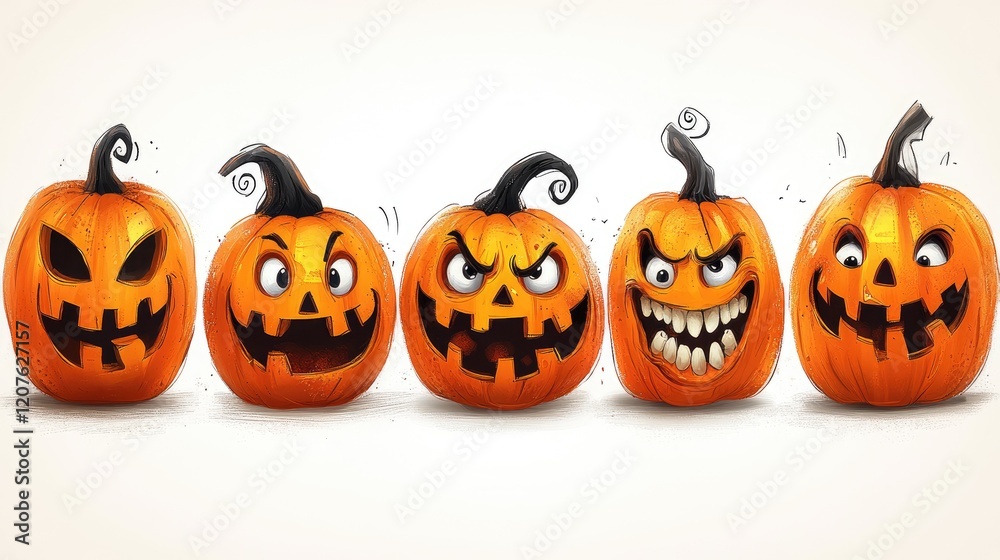 Five carved Halloween pumpkins, smiling, spooky expressions, white background, holiday decoration Five carved Halloween pumpkins, smiling, spooky expressions, white background, holiday decoration