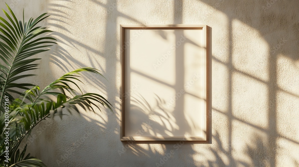 Naklejka premium Minimalist wall art mockup with plant shadows and soft sunlight creating a peaceful ambiance