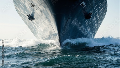 Ships stern cutting water creating ripples glinting in sunlight