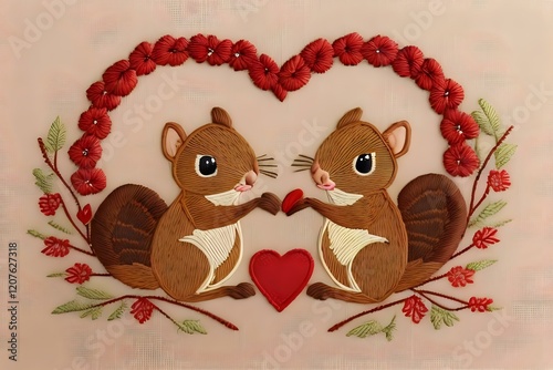 two squirrels in love with red flowers and a heart photo