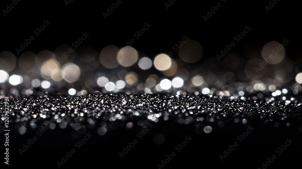 Fototapeta premium Glittering silver bokeh on deep black, luxurious and dramatic lighting effect