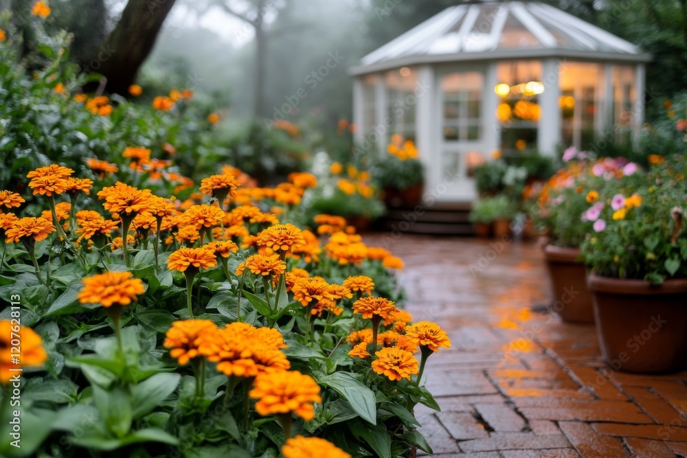 A vibrant zinnia garden path, leading to a cozy greenhouse surrounded by blooming plants A vibrant zinnia garden path, leading to a cozy greenhouse surrounded by blooming plants