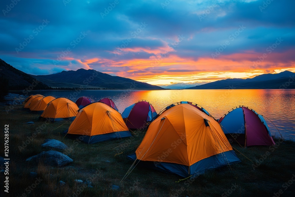 Camping tents by the lake at sunset creating a tranquil scene Camping tents by the lake at sunset creating a tranquil scene