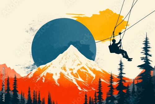 A vintage-style travel poster of a zip line course, featuring bold typography and muted colors showcasing a rider soaring over a forest canopy