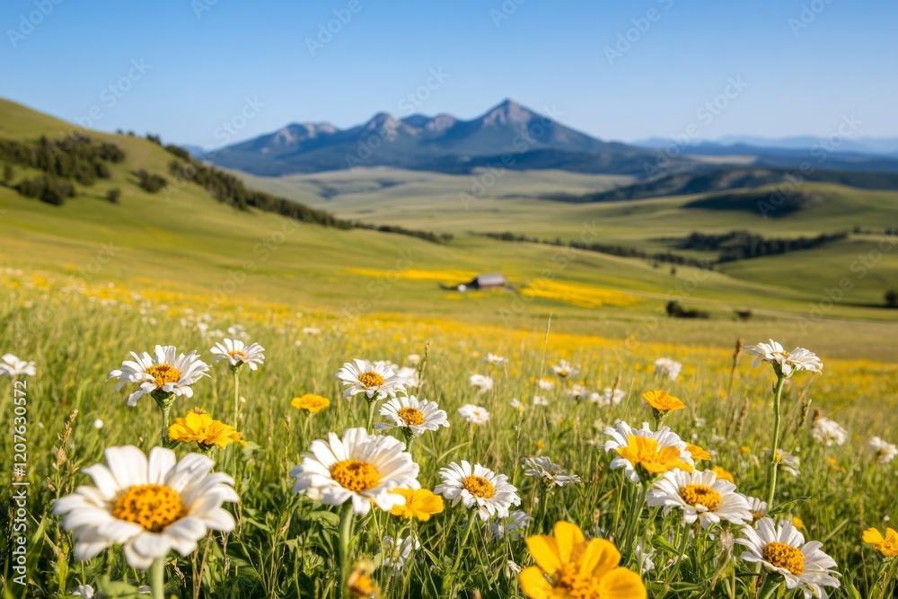 Obraz premium A zinnia-filled wildflower meadow swaying gently in the breeze under a clear blue sky