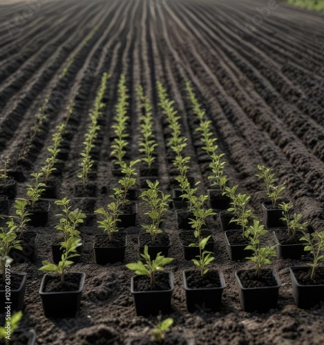 Black pot tree seedlings in a neatly arranged row with furrow spacing , agricultural development, tree plantations, sustainable agriculture