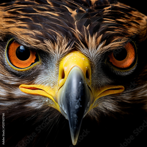 closeup eyes of eagle on dark background.