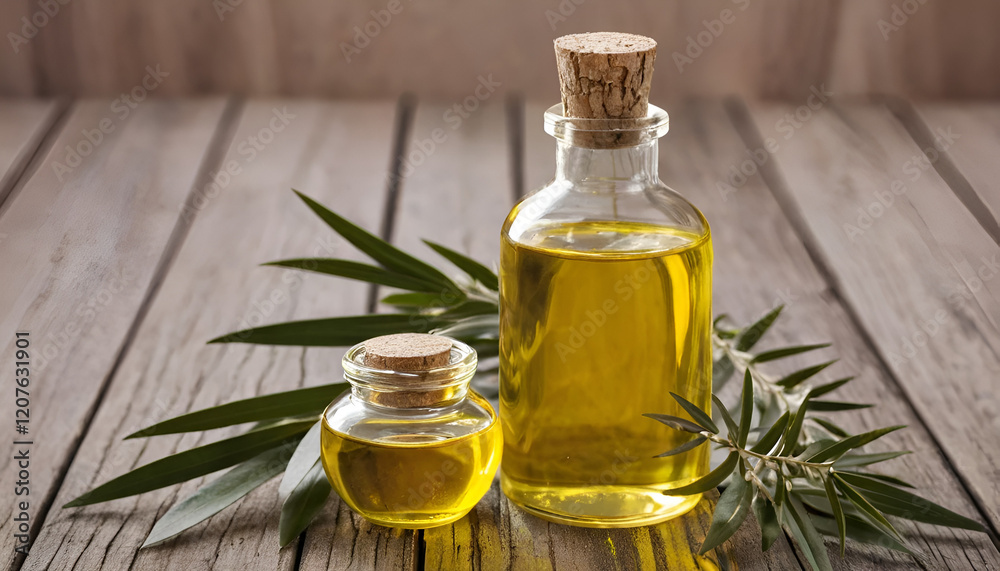 Bottles of essential oils and olive leaves on a wooden surface, promoting relaxation and natural wellness Bottles of essential oils and olive leaves on a wooden surface, promoting relaxation and natural wellness
