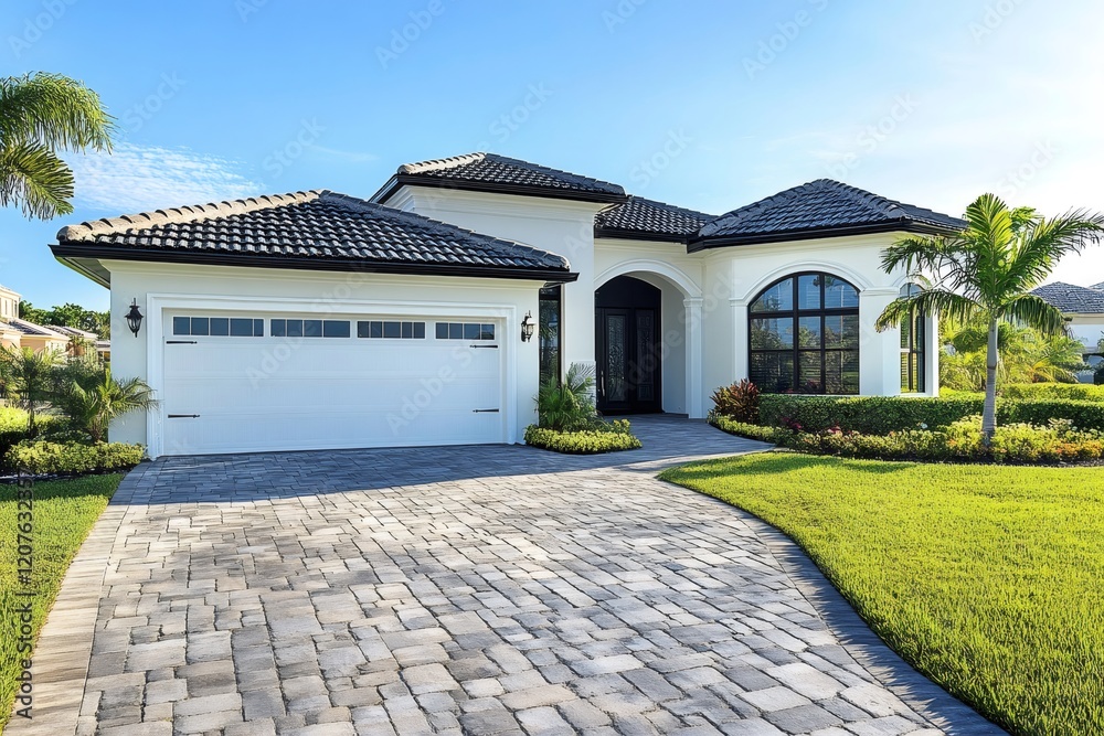 Modern white house with tile roof and paver driveway exhibiting curb appeal Modern white house with tile roof and paver driveway exhibiting curb appeal