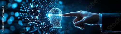 A futuristic hand reaching towards a digital head silhouette, symbolizing the intersection of technology and human cognition.