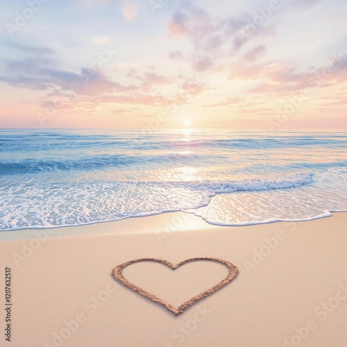 Beautiful watercolor ocean view with heart drawn in sand, coastline, symbol of love, sand texture