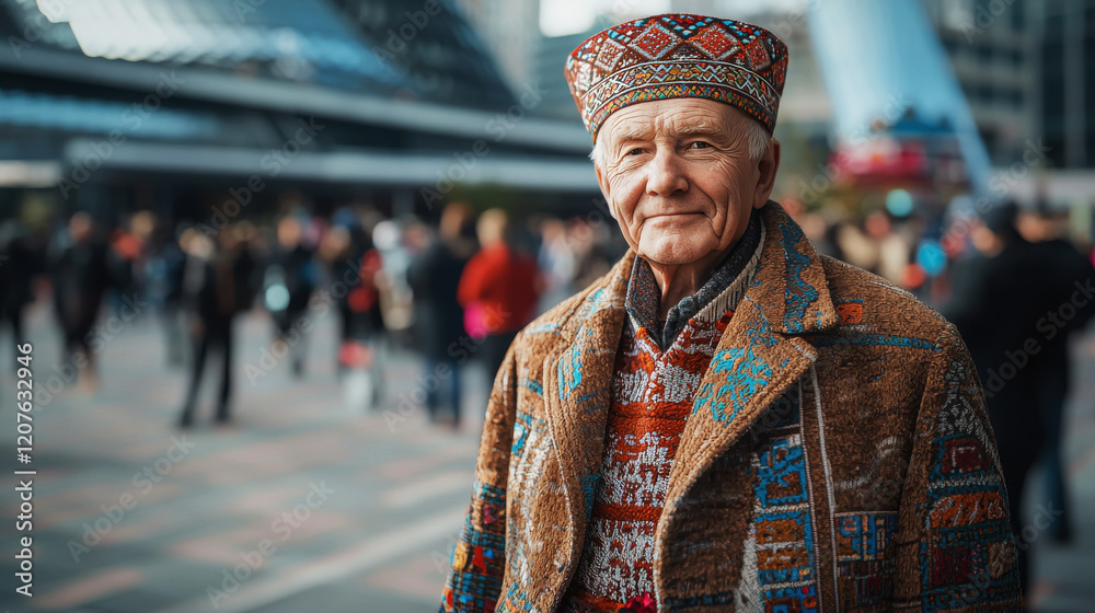Fototapeta premium Elderly man in traditional Russian attire smiles amidst a bustling modern city backdrop