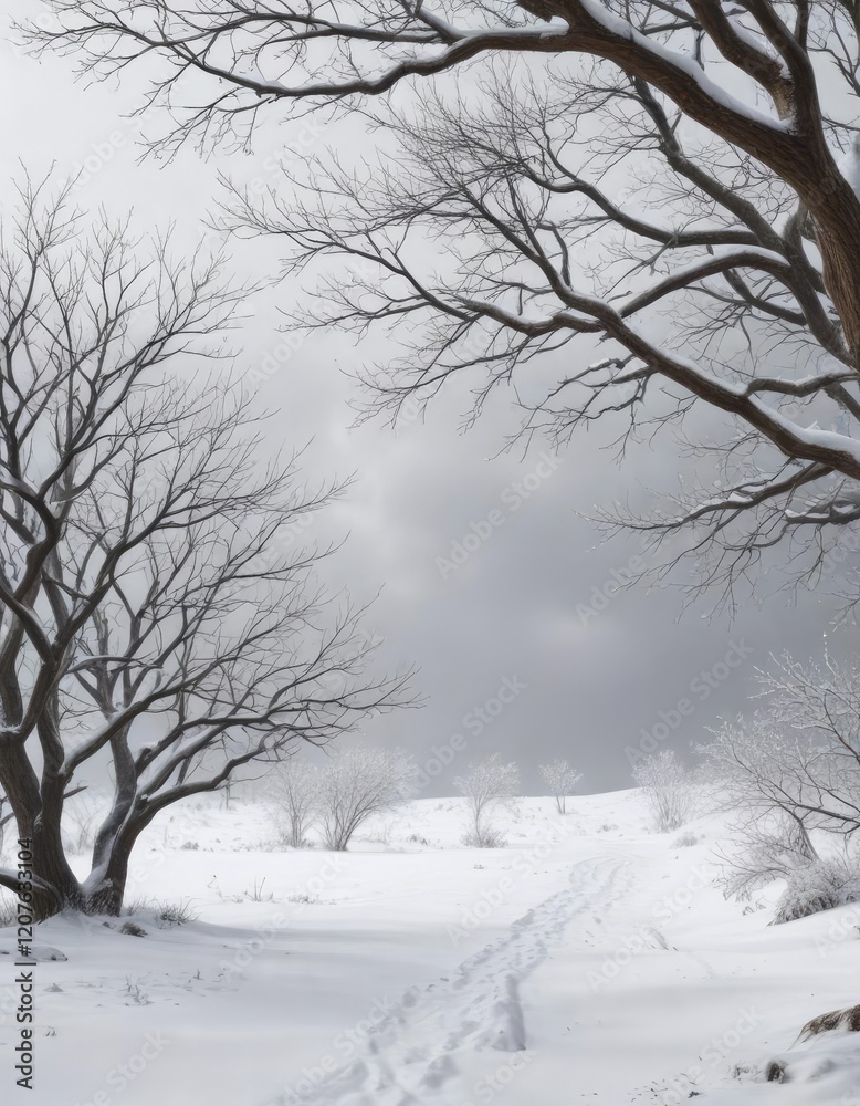 Obraz premium Bare tree branches stretching towards the grey sky amidst a blanket of fresh snow, snow covered landscape, cold weather , wintry scenery