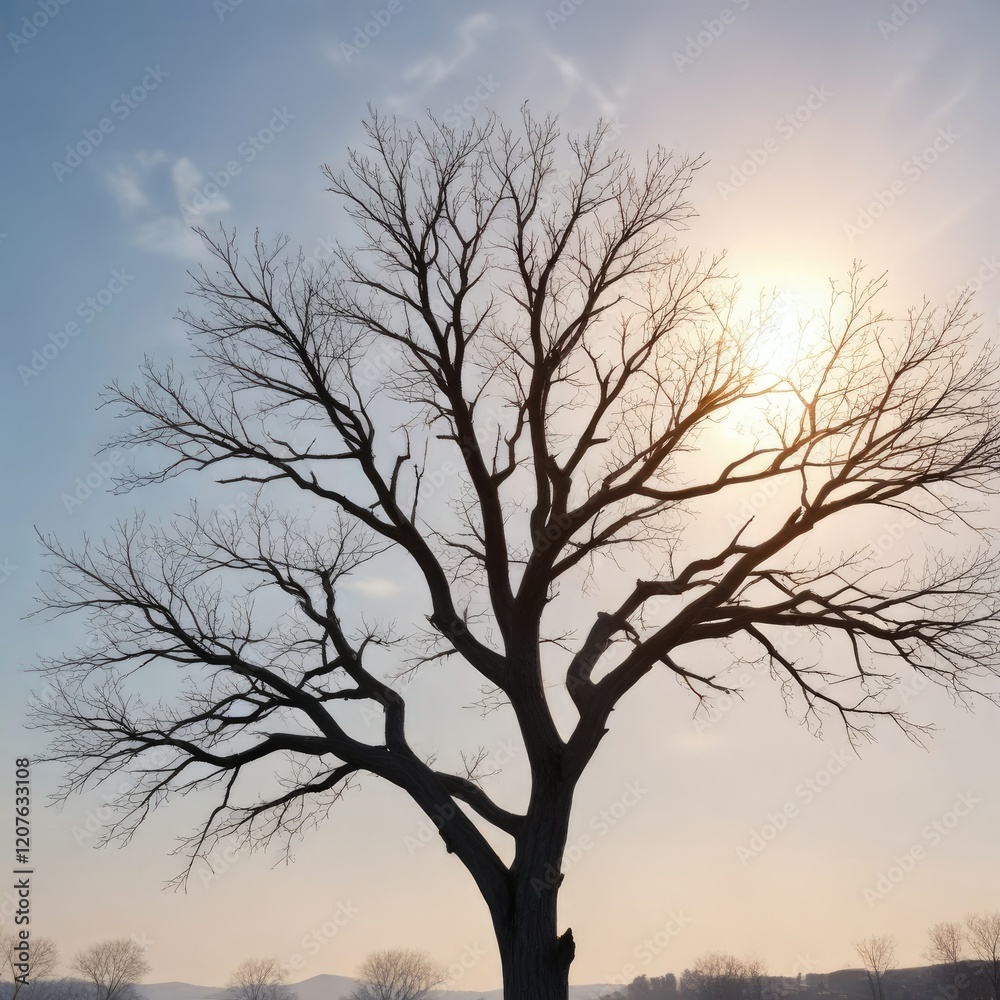 Bare tree branch against pale blue sky with sun, sky, branch, blue Bare tree branch against pale blue sky with sun, sky, branch, blue