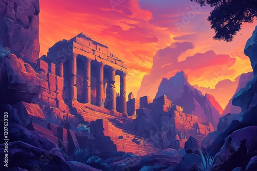 Ancient Temple Ruins at Sunset in a Mountainous Landscape