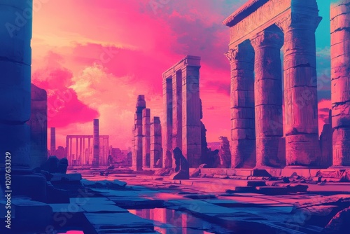 Ancient Stone Pillars and Ruins under a Pink and Blue Sky