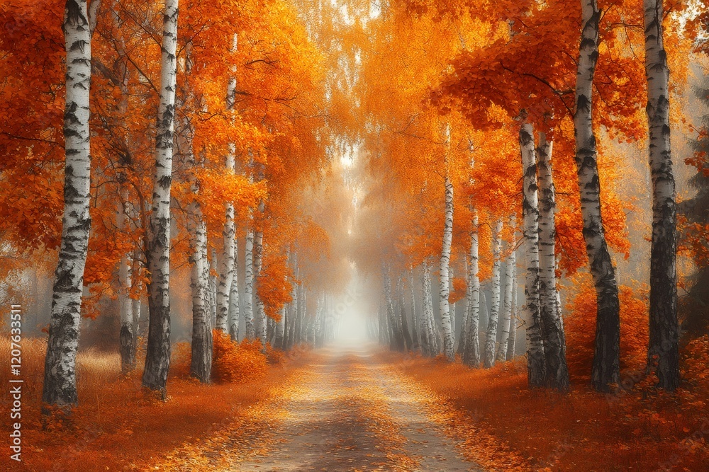 Foggy road winding through autumn birch forest Foggy road winding through autumn birch forest
