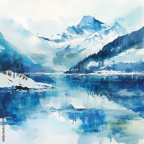 Wallpaper Mural Abstract watercolor mountains landscape with lake and snow blue Torontodigital.ca