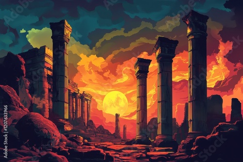 Ancient Ruins Under a Fiery Sunset Sky