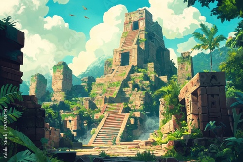 Ancient Stone Temple Ruins Overgrown with Lush Jungle Foliage