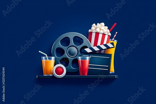 Tasty popcorn in buckets and cold cola drinks with cinema tickets, movie clapper and 3D eyeglasses isolated on white background. Cinema concept. Watching a movie.