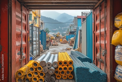 Container fully loaded with construction materials in a busy sourcing area, highlighting various materials like piping and reinforcement bars at a construction supply