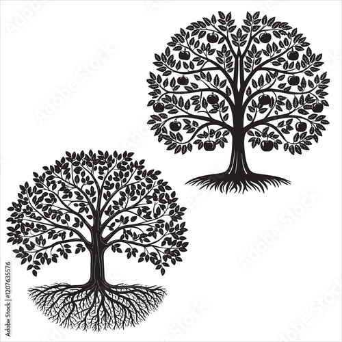 set of vector apple tree silhouettes