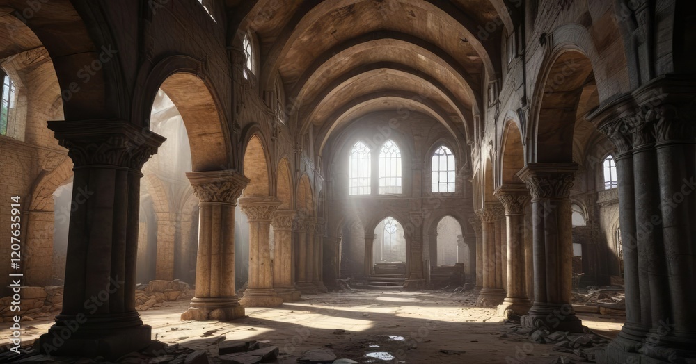 Obraz premium Ancient arches and columns supporting a vaulted ceiling in a ruined church , building, historic, church