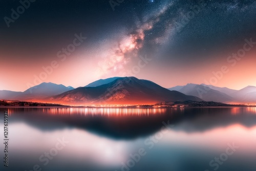 A celestial scene of a glowing Scorpio constellation reflected in a calm lake, with the Milky Way visible above photo