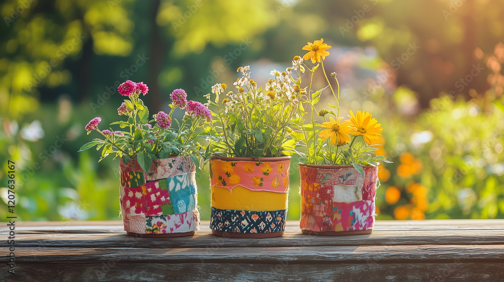 Bright flower pots made with recycled colorful tin Bright flower pots made with recycled colorful tin