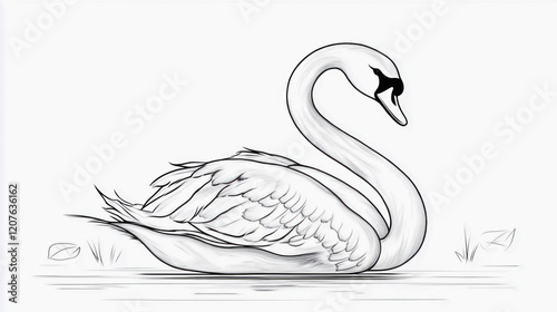 Fototapeta Naklejka Na Ścianę i Meble -  Elegant swan floating peacefully on tranquil water surface