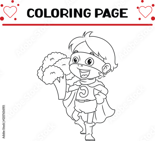 vegetable superhero girl with broccoli coloring page for kids