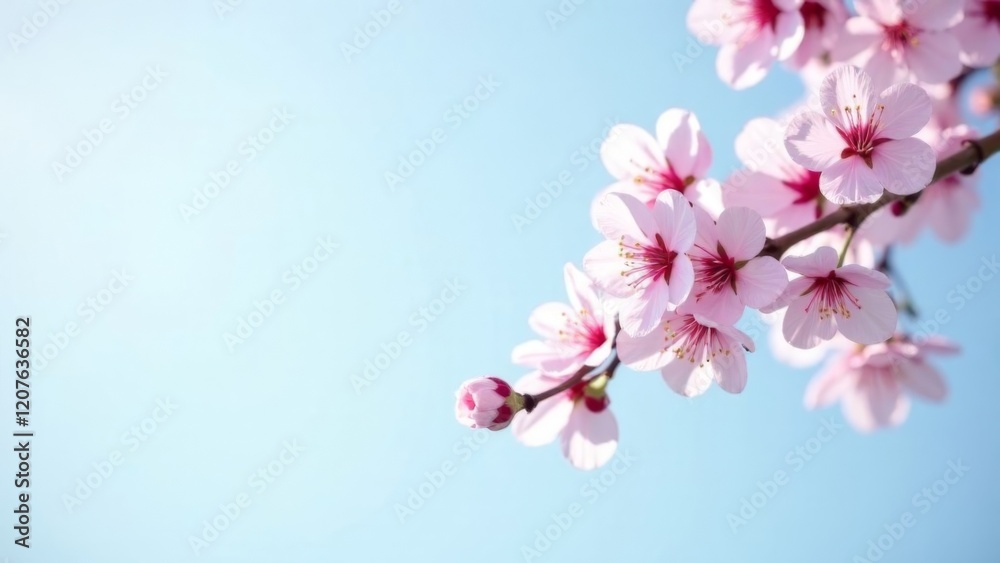 delicate pink cherry blossoms blooming on a branch against a bright blue sky with ample copyspace. concept of spring, nature renewal, and floral design. delicate pink cherry blossoms blooming on a branch against a bright blue sky with ample copyspace. concept of spring, nature renewal, and floral design.