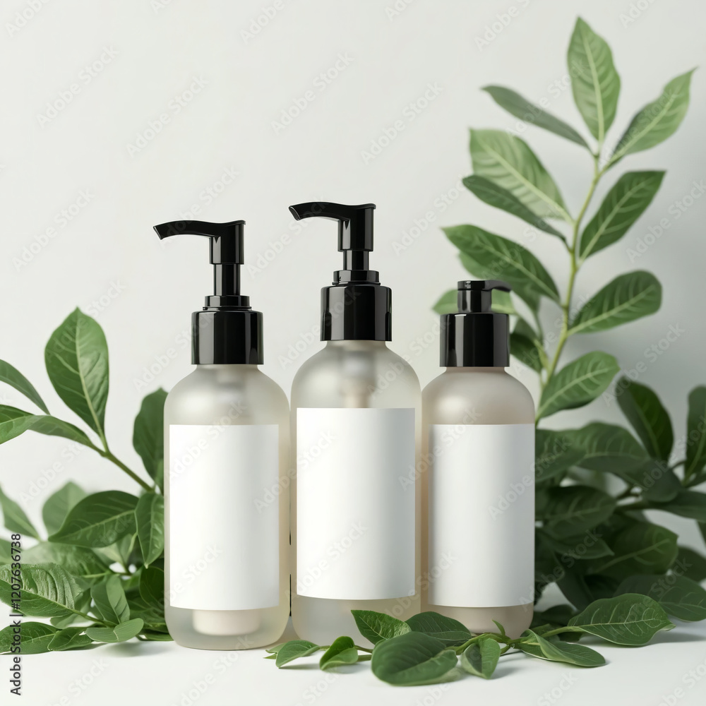 Eco-Friendly Cosmetic Bottles with Blank Labels and Green Leaf Background. Suitable for Mock up Product, Blog, Magazine, Advertisement, Catalog Product, Beauty Product, Etc. Eco-Friendly Cosmetic Bottles with Blank Labels and Green Leaf Background. Suitable for Mock up Product, Blog, Magazine, Advertisement, Catalog Product, Beauty Product, Etc.