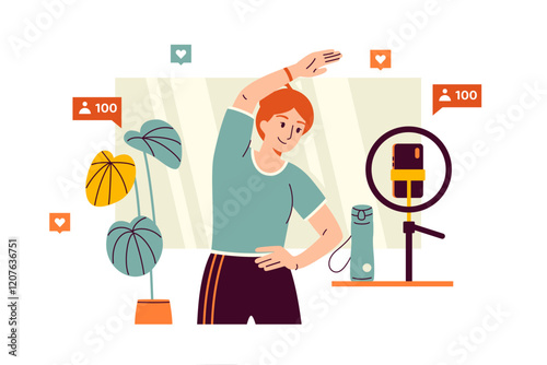 Illustration of a fitness blogger recording a video of her exercises for her followers using a smartphone on a tripod. A girl in a sports uniform shows an online workout. Health and lifestyle content