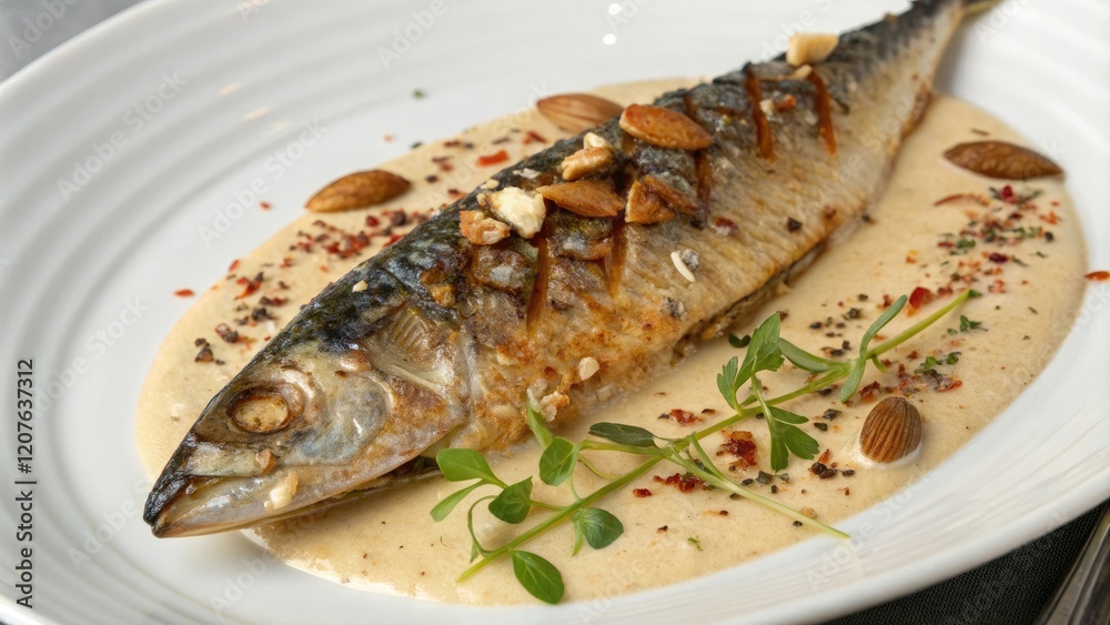 Close-up of grilled mackerel with almond sauce, gourmet food, alder wood smoke, Mediterranean cuisine, grilled fish, appetizer Close-up of grilled mackerel with almond sauce, gourmet food, alder wood smoke, Mediterranean cuisine, grilled fish, appetizer