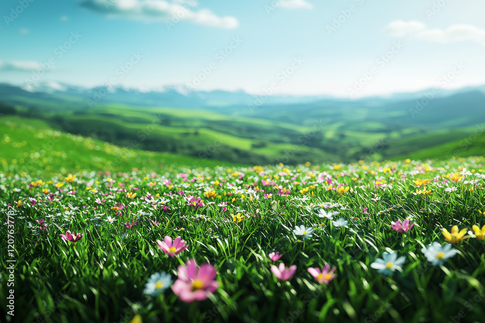 Vibrant wildflowers blooming across rolling green hills beneath a clear blue sky during the sunny afternoon Vibrant wildflowers blooming across rolling green hills beneath a clear blue sky during the sunny afternoon
