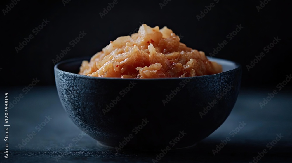 A close-up of freshly made Korean kimchi in a dark bowl, set against a moody black background with subtle lighting.