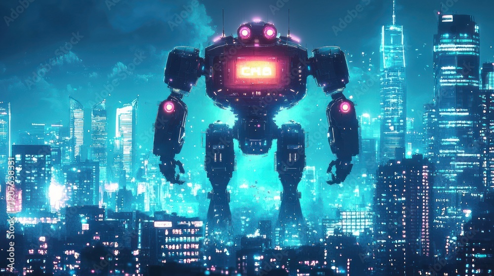 Obraz premium Cyberpunk Metropolis: Giant Robot Sentinel