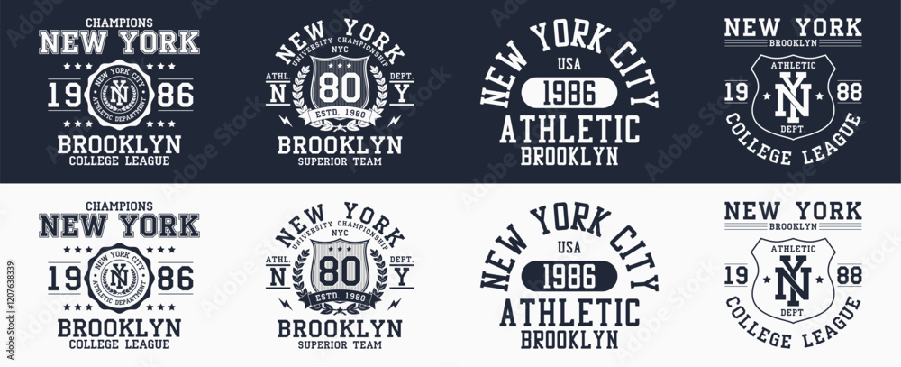 Fototapeta premium New York prints collection for t-shirt. New York city, Brooklyn typography graphics for clothes design. Set of college style t-shirts, apparel and sportswear designs. Vector.