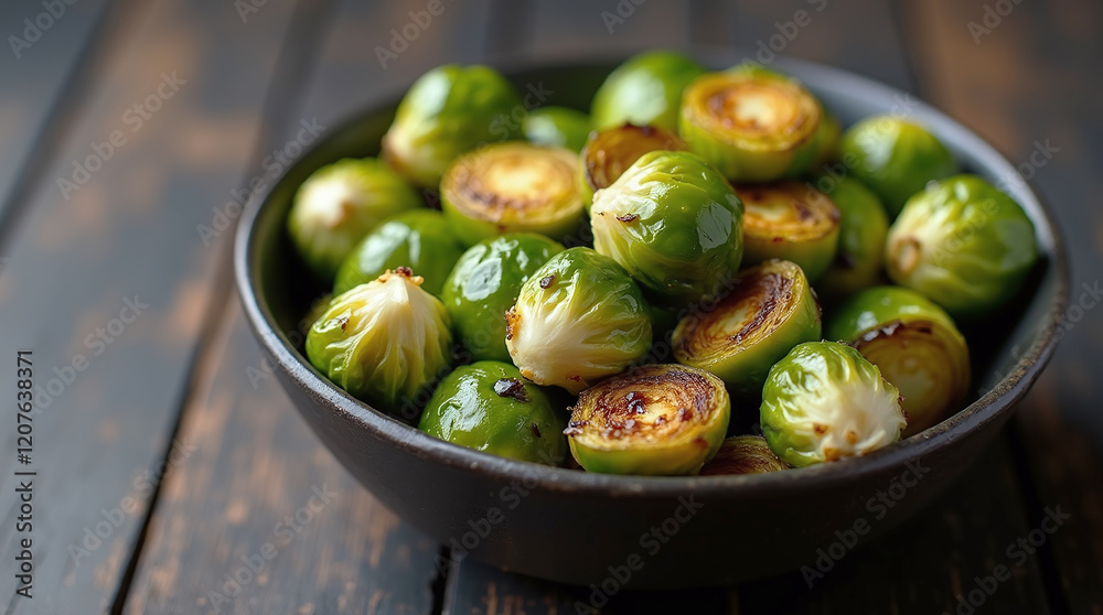Roasted Brussels Sprouts with Olive Oil in Bowl, Vegan and Vegetarian Diet Food Roasted Brussels Sprouts with Olive Oil in Bowl, Vegan and Vegetarian Diet Food