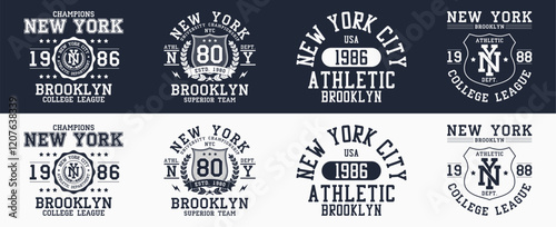 New York prints collection for t-shirt. New York city, Brooklyn typography graphics for clothes design. Set of college style t-shirts, apparel and sportswear designs. Vector.