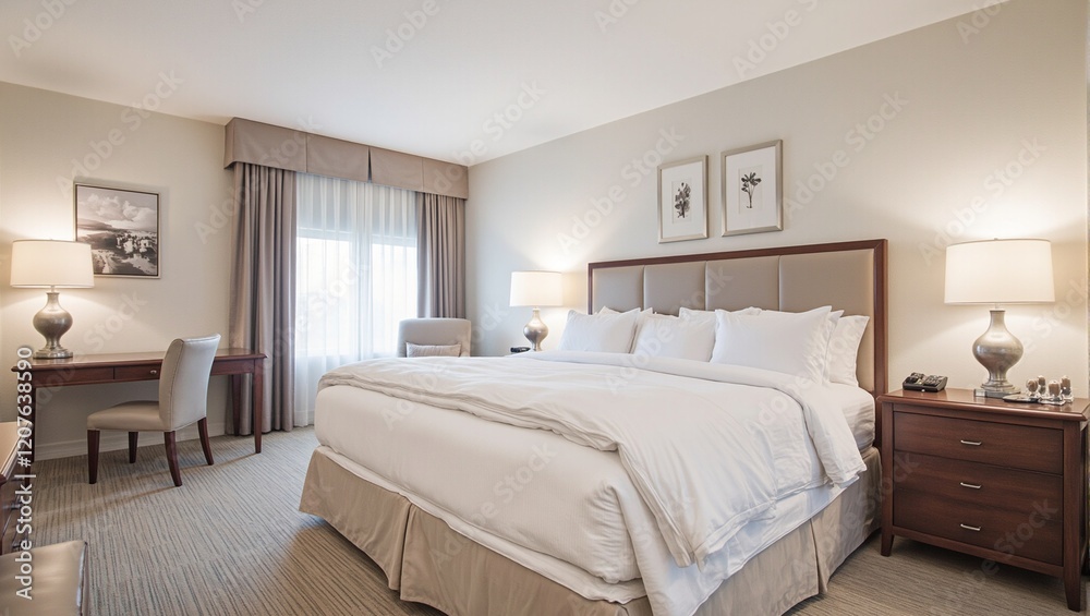Fototapeta premium Luxurious hotel room with king bed soft linens plush duvet and elegant decor